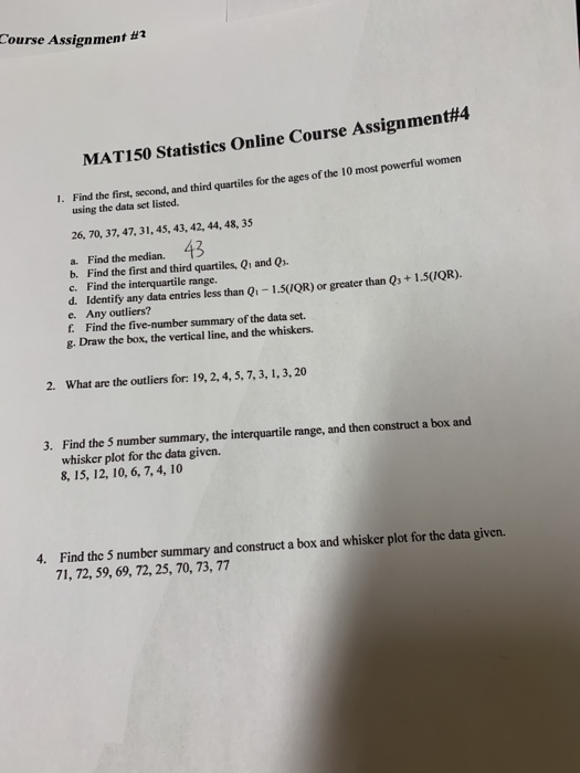 Solved Course Assignment MAT150 Statistics Online Course