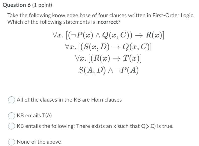 Solved Question 6 1 Point Take The Following Knowledge