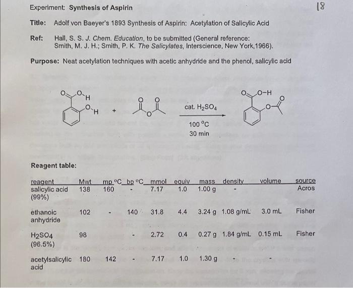 Solved Experiment Synthesis Of Aspirin Title Adolf Von Chegg Com