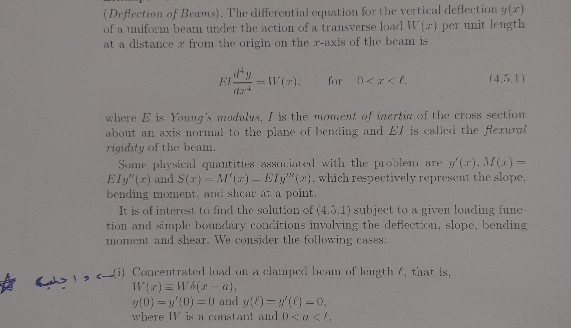 (Deflection of Beams). The differential equation for the vertical deflection \( y(x) \) of a uniform beam under the action of