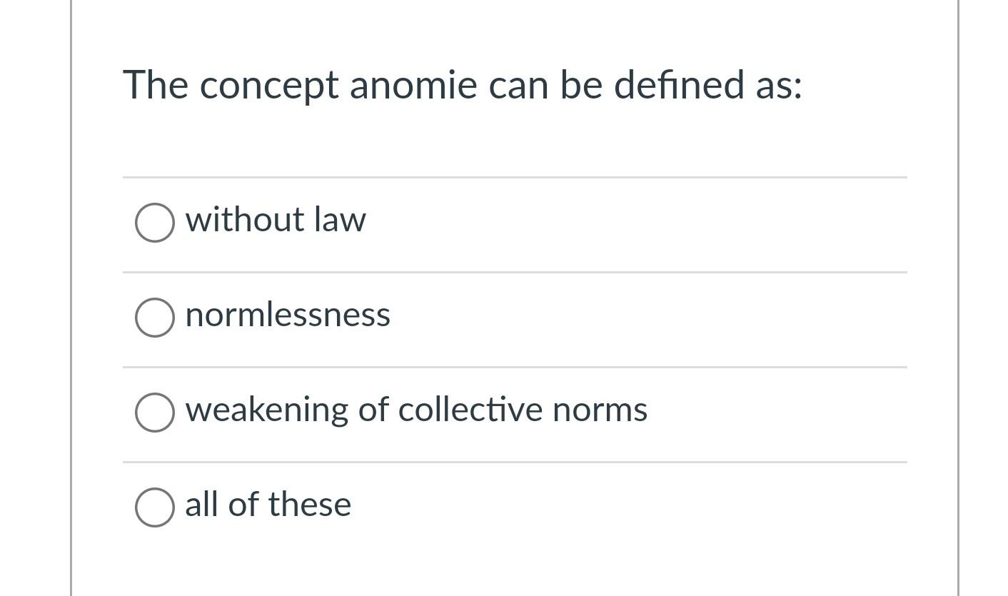 Solved The concept anomie can be defined as: without law O | Chegg.com