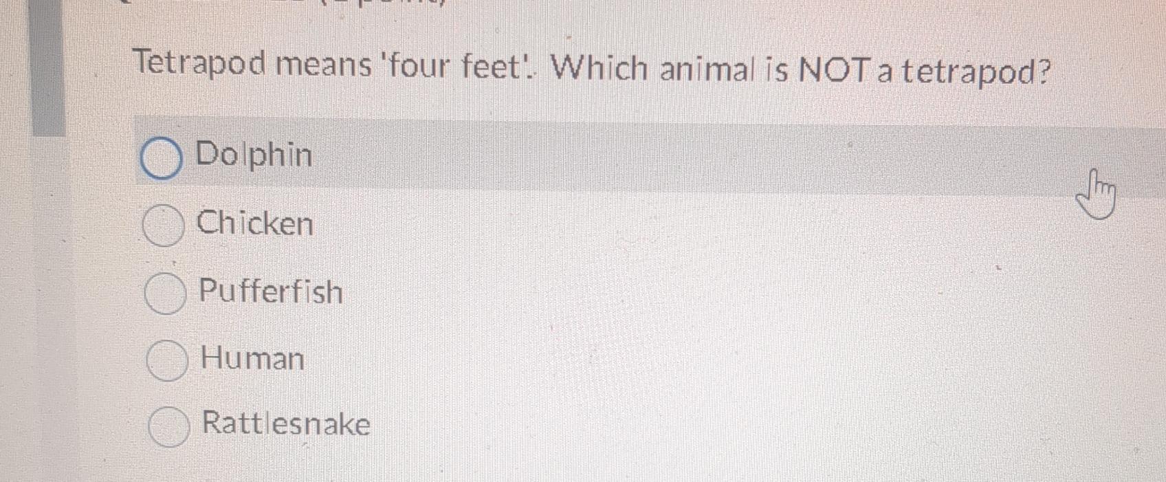 Solved Tetrapod means 'four feet'. Which animal is NOT a | Chegg.com