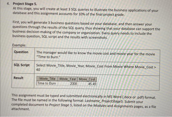 Solved Project Stage 5. At this stage, you will create at | Chegg.com