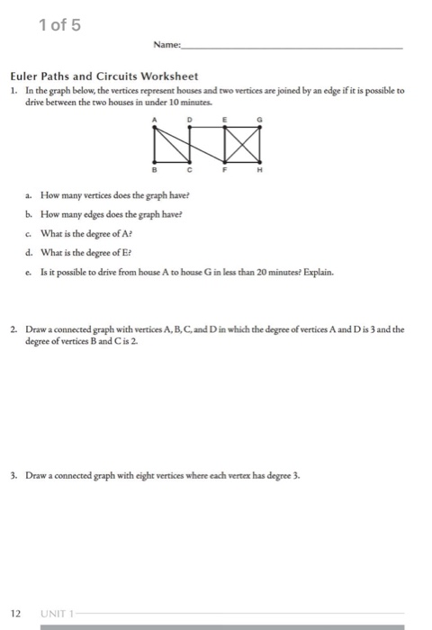 Solved 1 Of 5 Name Euler Paths And Circuits Worksheet 1 Chegg Com