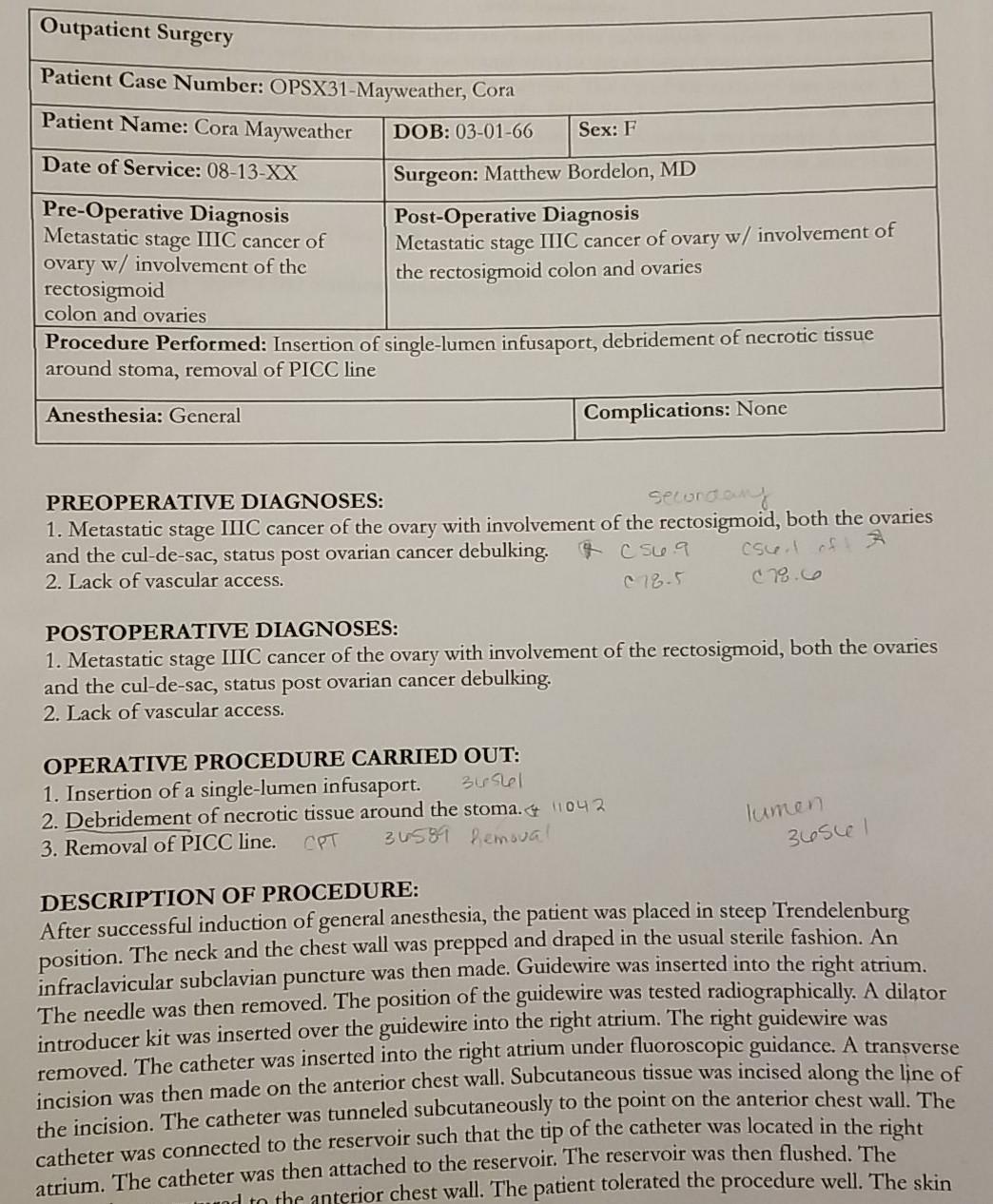 Solved Outpatient Surgery Patient Case Number Chegg Com