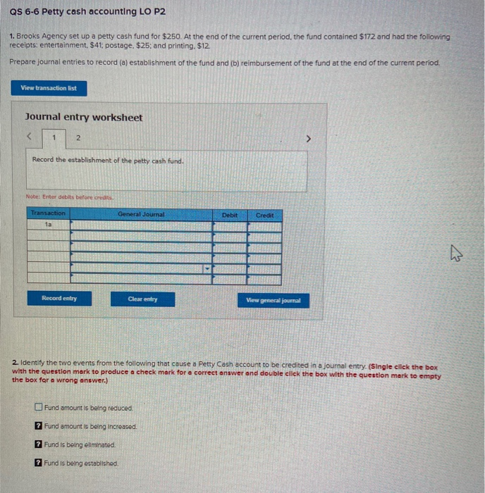 Solved QS 6 6 Petty Cash Accounting LO P2 1 Brooks Agency Chegg