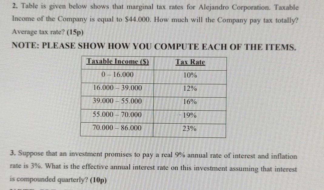 Solved 2. Table Is Given Below Shows That Marginal Tax Rates | Chegg.com