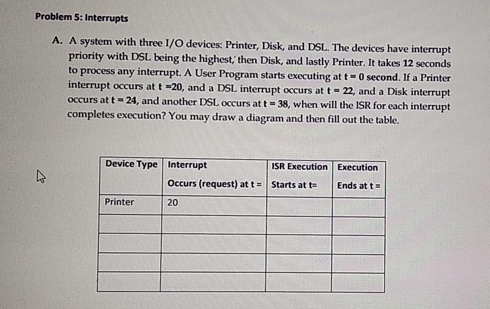 Solved Problem 5: Interrupts A. A system with three I/O | Chegg.com