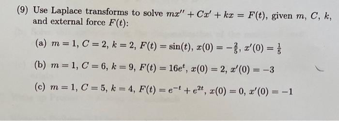 Solved 9 Use Laplace Transforms To Solve Mx′′ Cx′ Kx F T