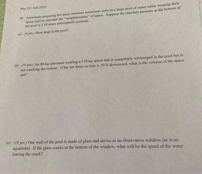 Solved Phy 211 Fall 2022 28. Astronauts preparing for space | Chegg.com