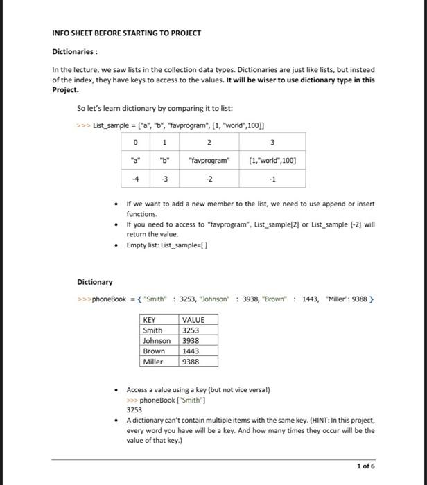 Solved INFO SHEET BEFORE STARTING TO PROJECT Dictionaries : | Chegg.com