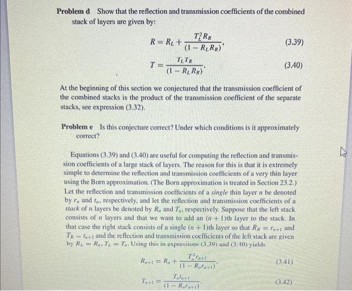 Solved Problem d Show that the reflection and transmission | Chegg.com