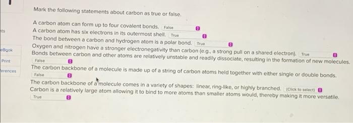 Solved Hits Bok Mark the following statements about carbon | Chegg.com