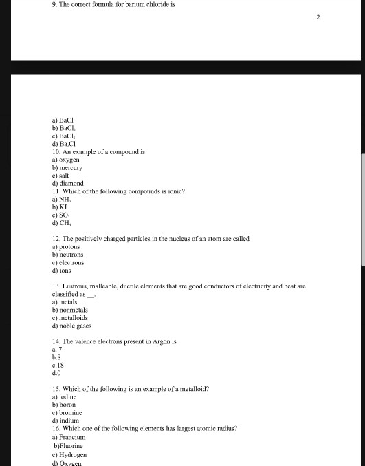 Solved 9. The correct formula for barium chloride is c) salt | Chegg.com