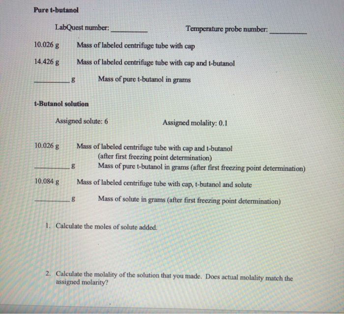 Pure tbutanol LabQuest number Temperature probe