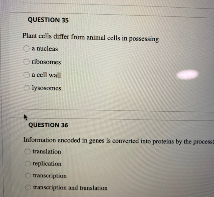Solved QUESTION 35 Plant cells differ from animal cells in 
