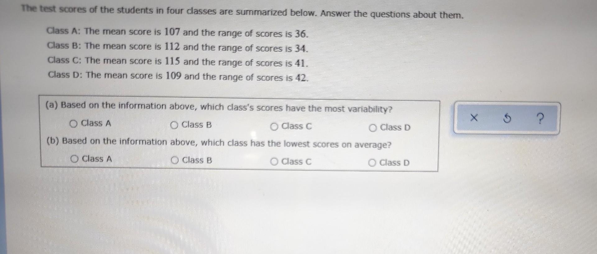 Solved The test scores of the students in four classes are | Chegg.com