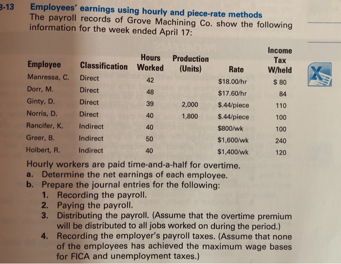 Solved 3-13 84 Employees' earnings using hourly and | Chegg.com