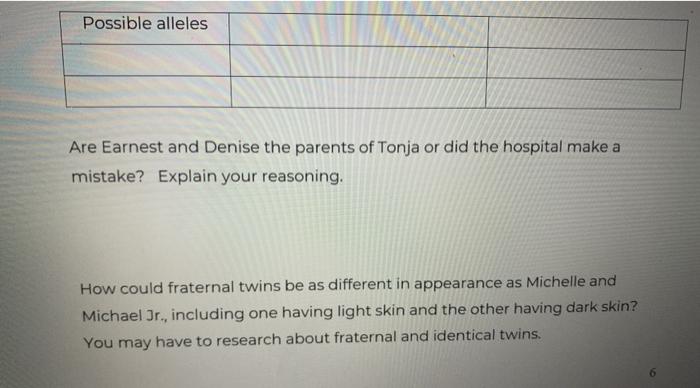 Possible alleles Are Earnest and Denise the parents of Tonja or did the hospital make a mistake? Explain your reasoning. How