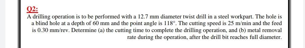 Solved Q2: A drilling operation is to be performed with a | Chegg.com