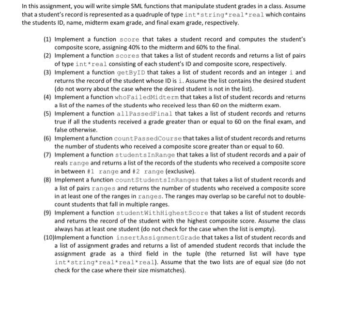 Solved In this assignment, you will write simple SML | Chegg.com