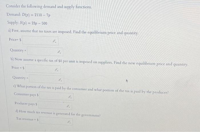 Solved Consider The Following Demand And Supply Functions. | Chegg.com