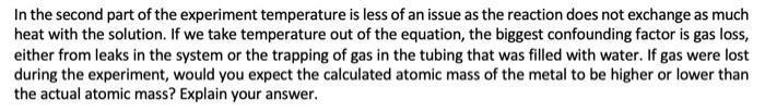 Solved In the second part of the experiment temperature is | Chegg.com