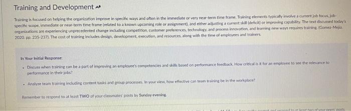 Solved Training and Development ∧∗ Trairing is focused on | Chegg.com