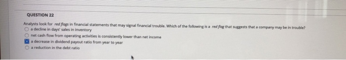 Solved QUESTION 22 Analysts look for red flags in financial | Chegg.com