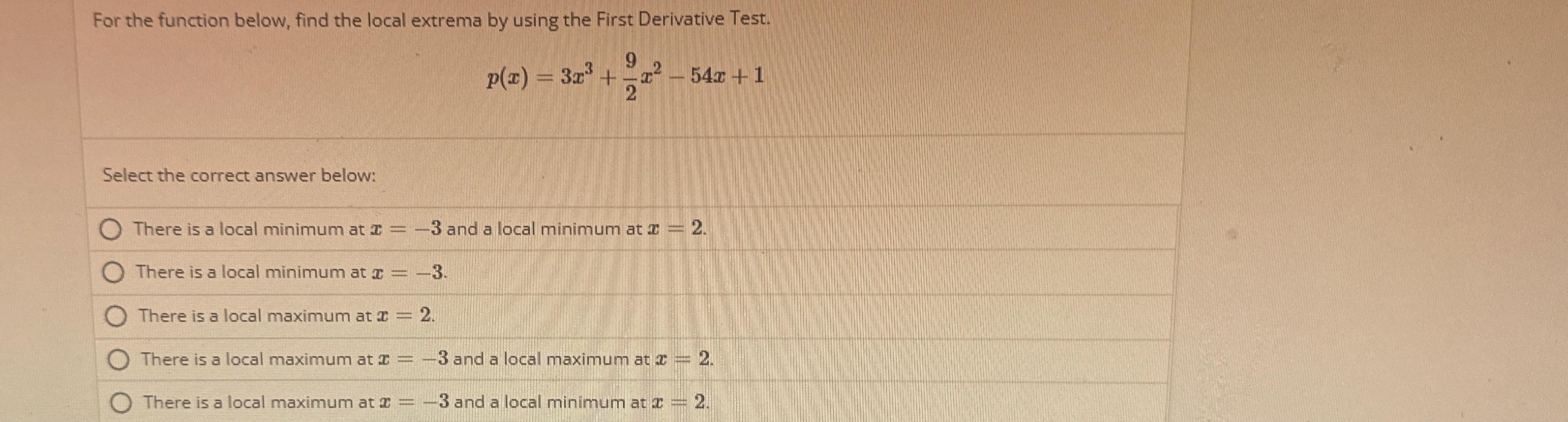 Solved For the function below, find the local extrema by | Chegg.com