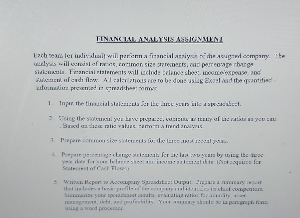 Solved FINANCIAL ANALYSIS ASSIGNMENT Each team (or | Chegg.com