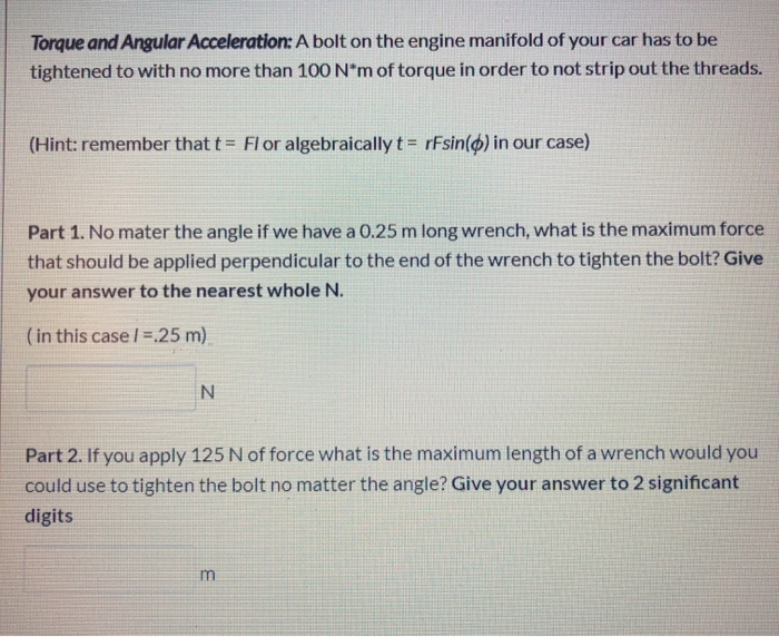 Solved Torque and Angular Acceleration: A bolt on the engine | Chegg.com