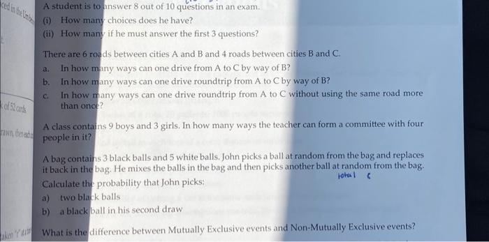 Solved A student is to answer 8 out of 10 questions in an | Chegg.com