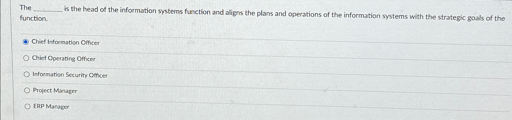 Solved The is the head of the information systems function | Chegg.com