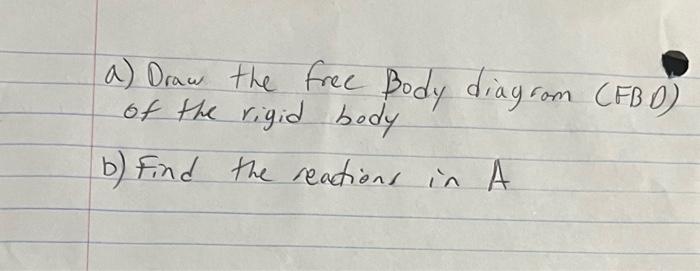 a) Draw the free Body diagrom (FBD) of the rigid body b) Find the reactions in \( A \)