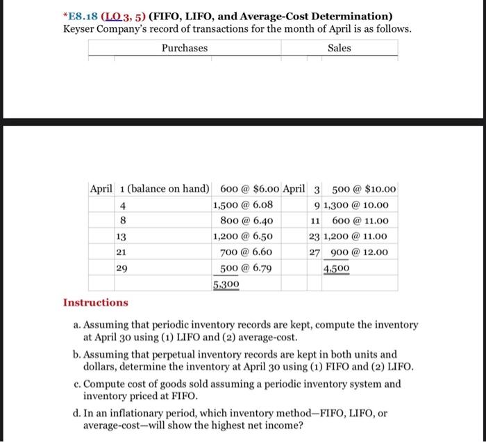 Solved *E8.18 (LO.3, 5) (FIFO, LIFO, and Average-Cost | Chegg.com