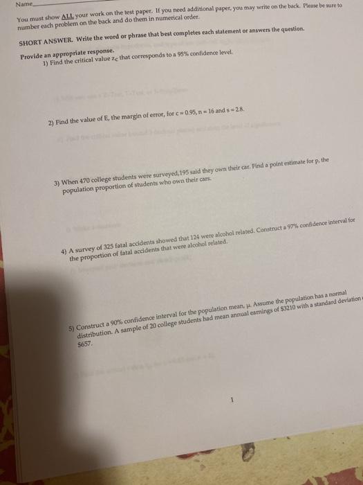 Solved Name You must show ALL your work on the test paper. | Chegg.com