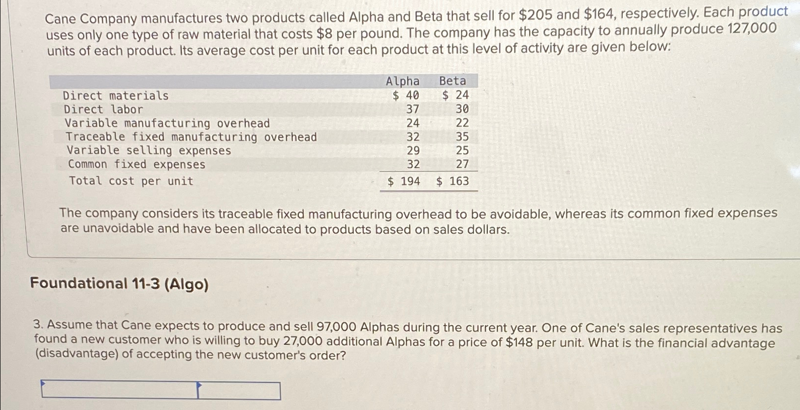 Solved Cane Company Manufactures Two Products Called Alpha | Chegg.com