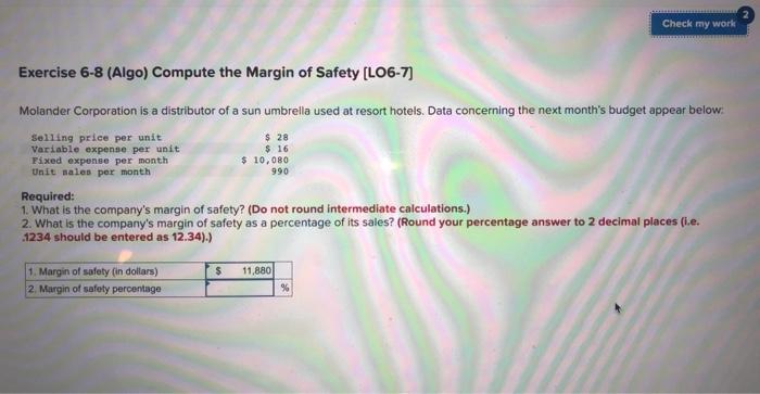 Solved Exercise 6-8 (Algo) Compute The Margin Of Safety | Chegg.com