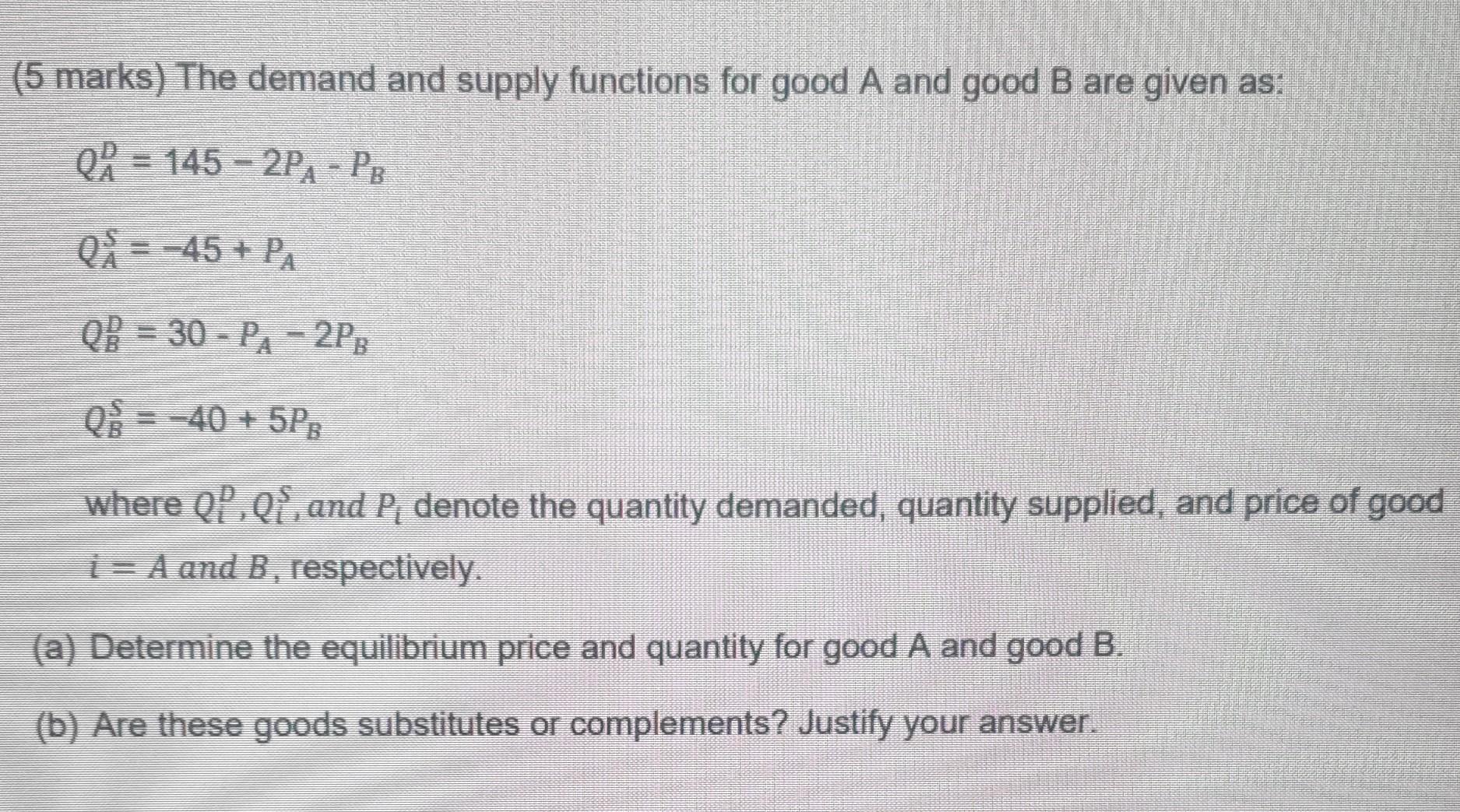 Solved (5 marks) The demand and supply functions for good A | Chegg.com