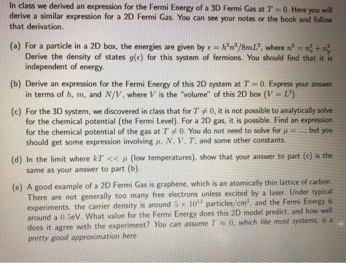 Solved In class we derived an expression for the Fermi | Chegg.com