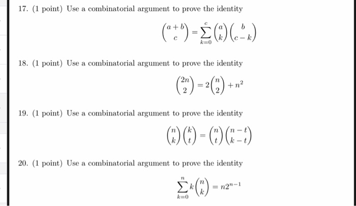 Solved 17. (1 Point) Use A Combinatorial Argument To Prove | Chegg.com