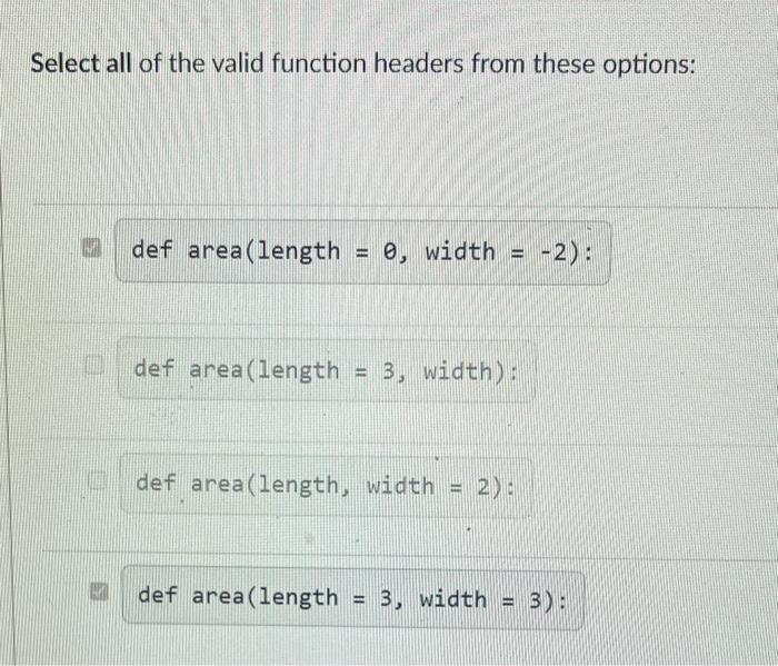 Solved Select All Of The Valid Function Headers From These | Chegg.com