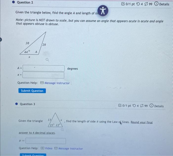 Solved Given the triangle below, find the angle A and length | Chegg.com