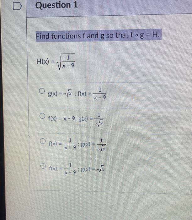 Solved Find Functions F And G So That F∘g H H X X−91