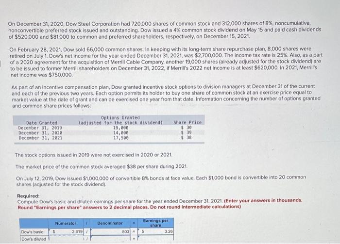 Solved On December 31, 2020, Dow Steel Corporation had