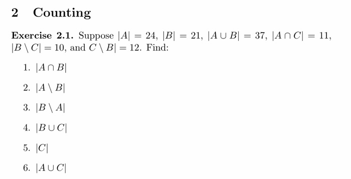 Solved 2 Counting Exercise 2.1. Suppose |A| = 24, |B| = 21, | Chegg.com