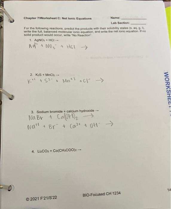 Solved Chapter 7/Worksheet C: Net lonic Equations Name: Lab | Chegg.com