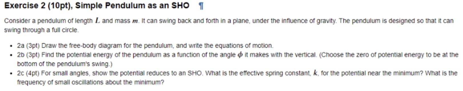 Solved Exercise 2 (10pt), ﻿Simple Pendulum as an SHOConsider | Chegg.com