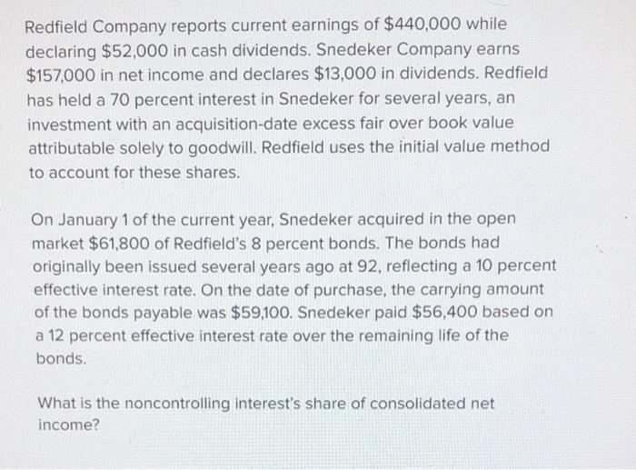 Solved Redfield Company reports current earnings of 440,000